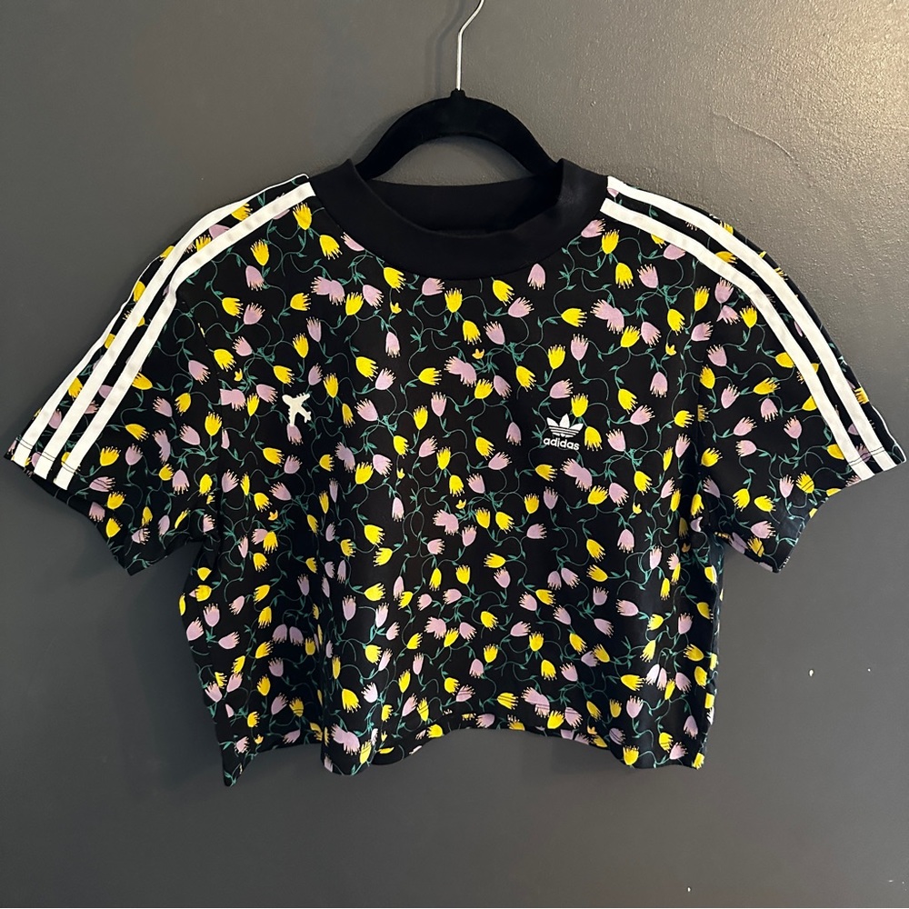 adidas Black Floral Short Sleeve Tee with White Stripes - Picture 5 of 13